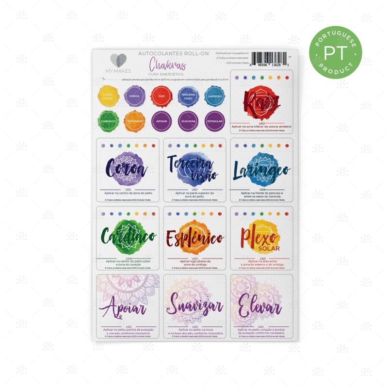 Mymakes:  Chakra Energy Healing - Label Sheet Portuguese Labels