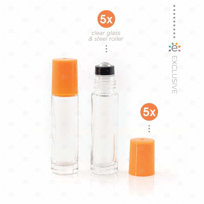10Ml Clear Glass Roller Bottle With Tangerine (Orange) Lid & Premium Stainless Steel Rollerball - 5