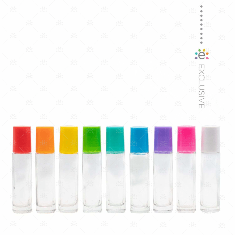 10Ml Clear Roller Bottles With Eos Signature Multi-Coloured Plastic Caps And Travel Case Set Of 9