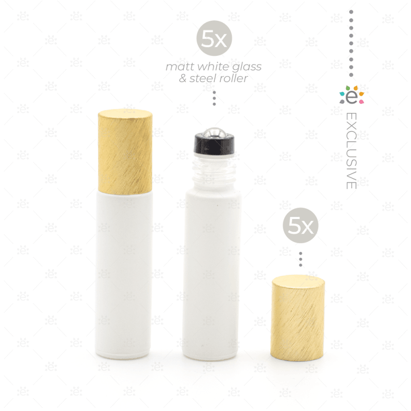 Deluxe Matte 10Ml White Roller Bottles With Gold Metallic Caps & Premium Rollers (5 Pack) Glass